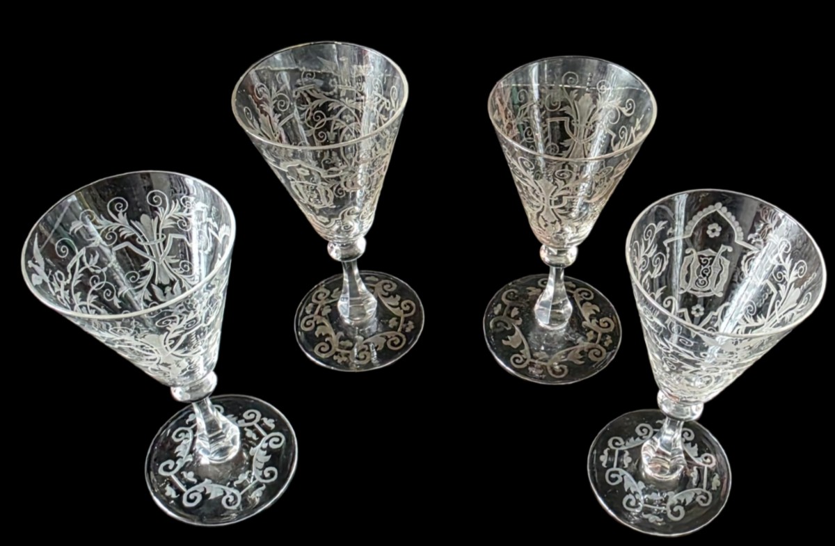 Lobmeyr Vienna 4 Glasses On Foot 19th Crystal Cut To The Wheel