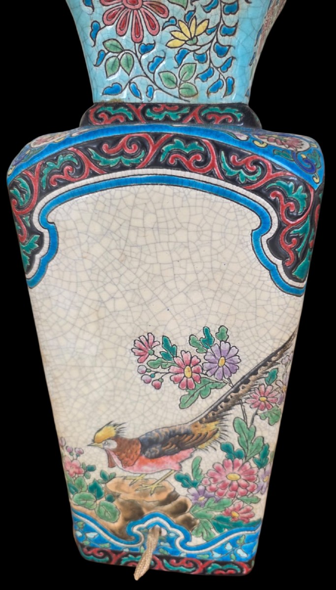 Emaux de longwy vase monté en lampe de section carrée en faïence à décor polychrome-photo-3