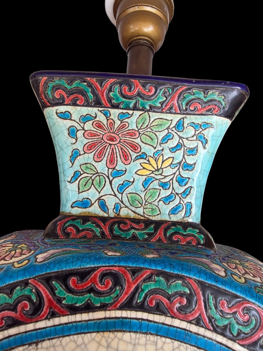 Emaux de longwy vase monté en lampe de section carrée en faïence à décor polychrome-photo-5