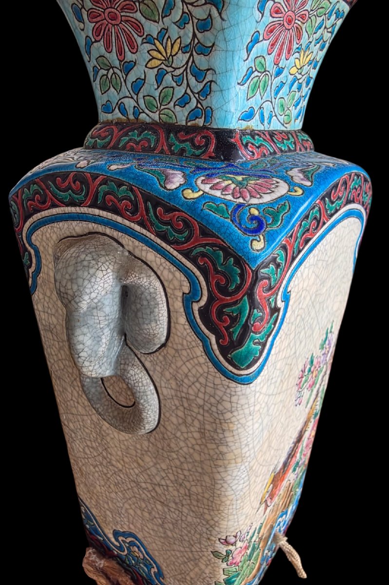 Emaux de longwy vase monté en lampe de section carrée en faïence à décor polychrome-photo-6