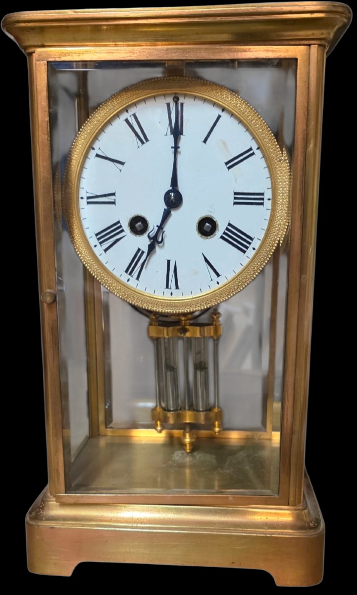 Grande Pendule Cage Vitrée En Bronze Doré XIXème 