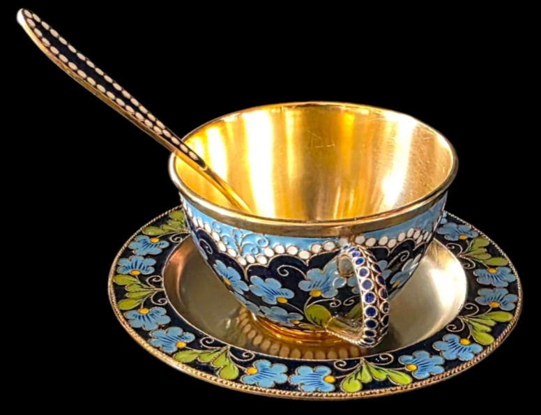 Paire de tasses et sous tasse argent massif vermeil cloisonné russe 400 gr -photo-2