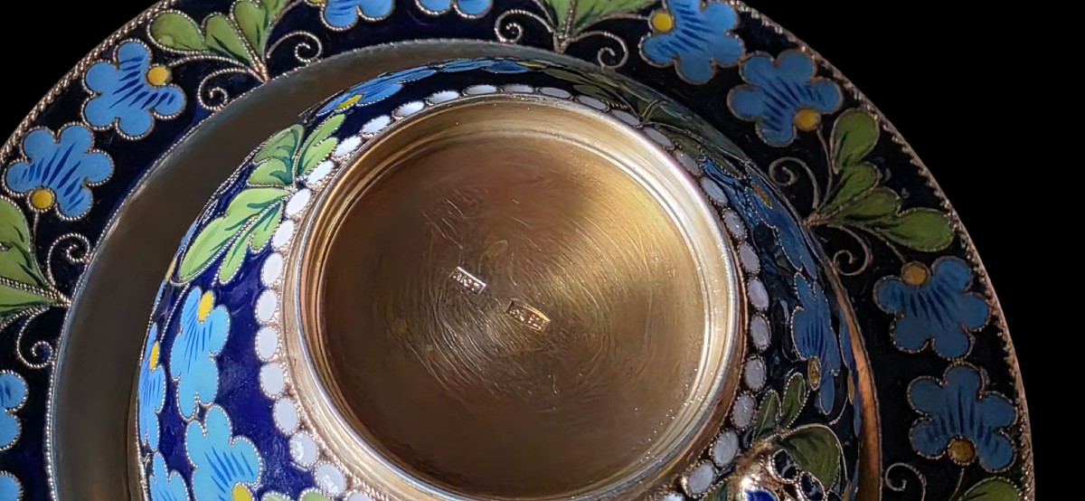 Paire de tasses et sous tasse argent massif vermeil cloisonné russe 400 gr -photo-1