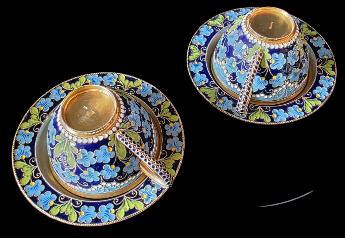 Paire de tasses et sous tasse argent massif vermeil cloisonné russe 400 gr -photo-6