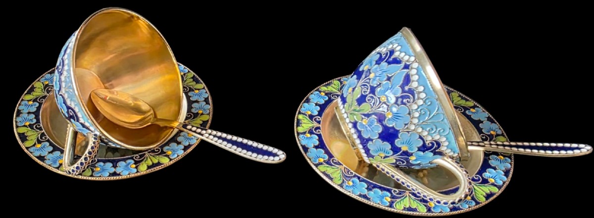 Paire de tasses et sous tasse argent massif vermeil cloisonné russe 400 gr 