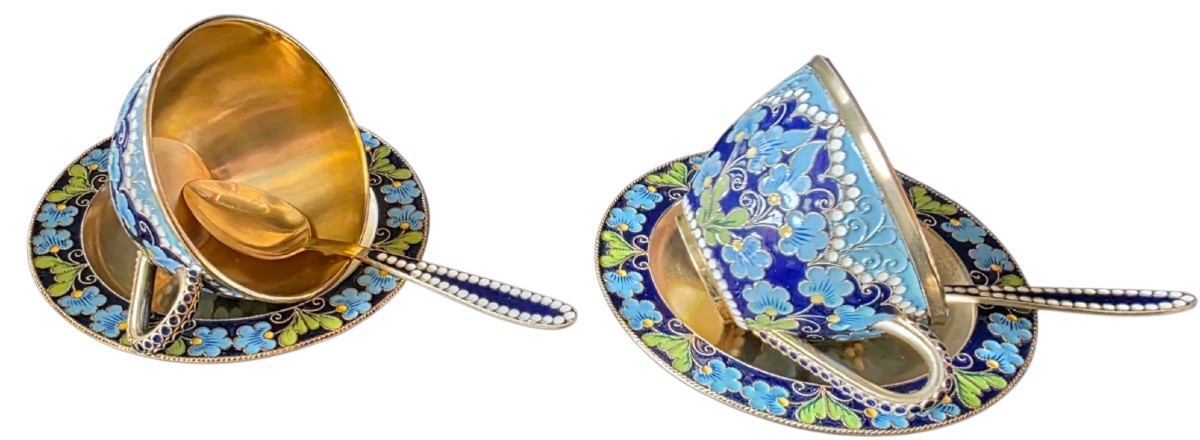 Paire de tasses et sous tasse argent massif vermeil cloisonné russe 400 gr 