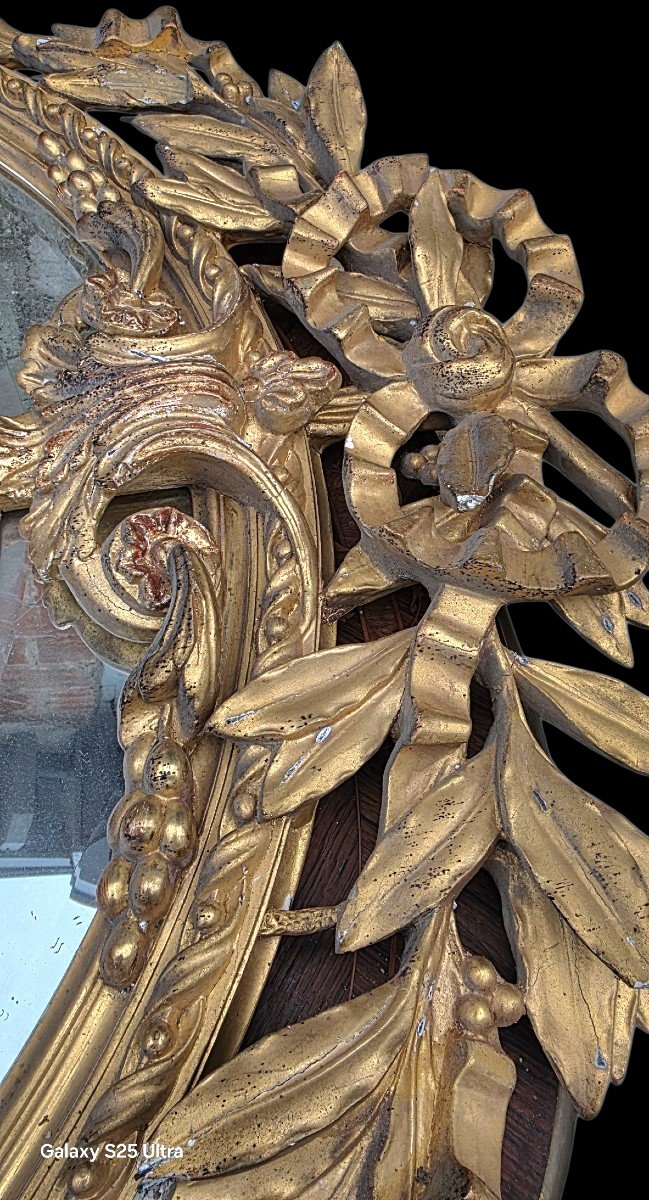 Important miroir a parcloses bois doré attributs de musiques XIXeme  Dimensions Hauteur 1,60-photo-5