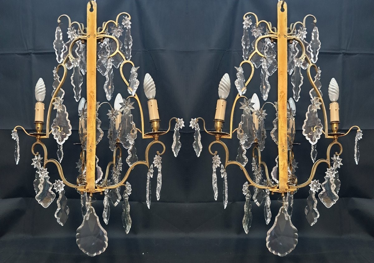 Pair Of Louis XV Four-light Bronze And Crystal Sconces, Late 18th Century-photo-3