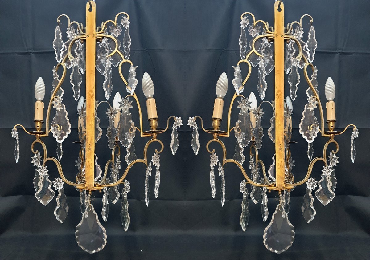 Pair Of Louis XV Four-light Bronze And Crystal Sconces, Late 18th Century-photo-1