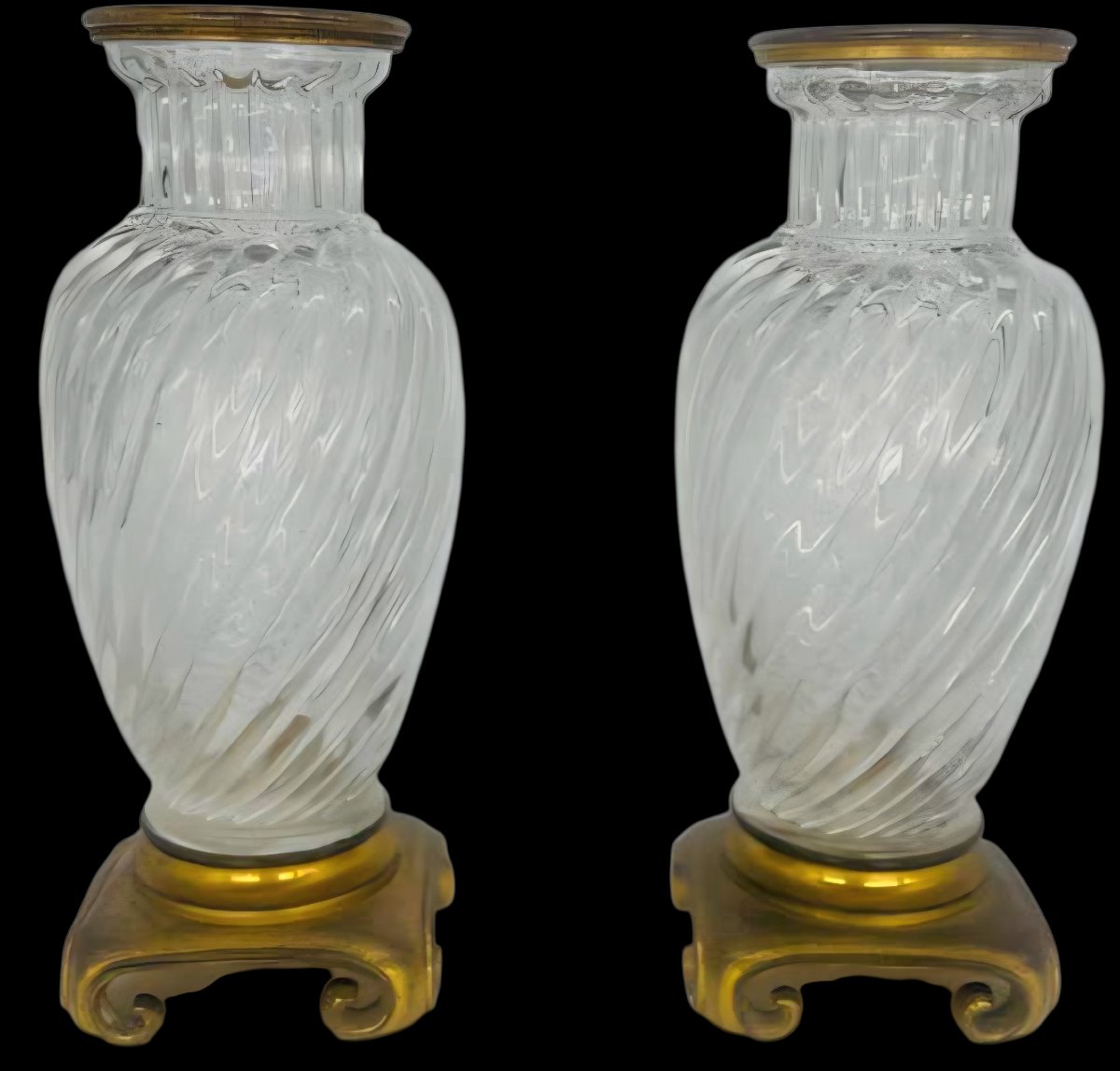 Baccarat Pair Of Crystal Vases Mounted On Bronze Gold XIXth-photo-6