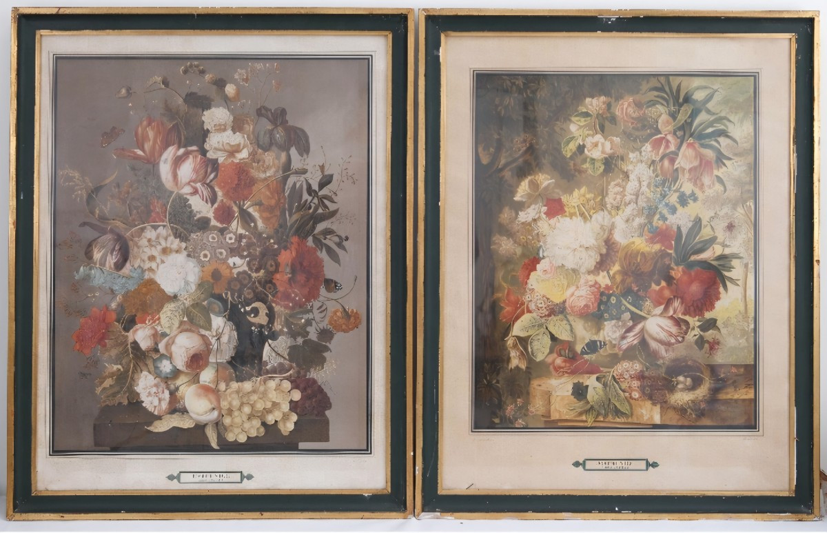 Nigg Joseph Vienne Bouquet Of Flowers And Nest Pair Of Color Lithographs
