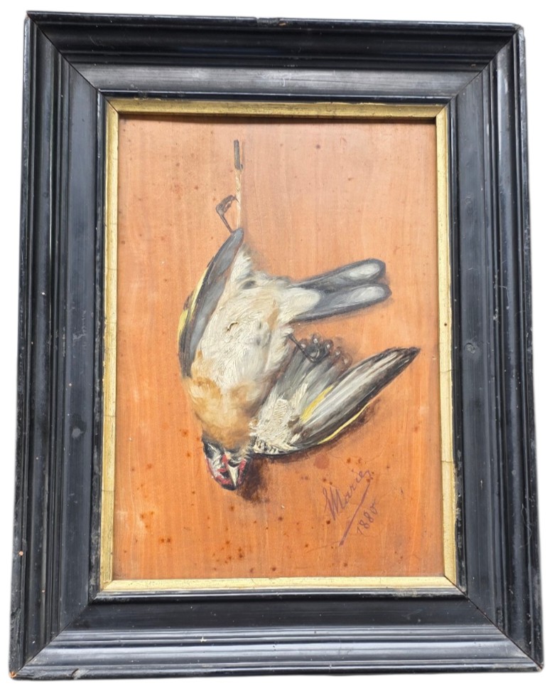 Huile sur bois en trompe l'oeil passereau chardonneret signé Marie 1880 