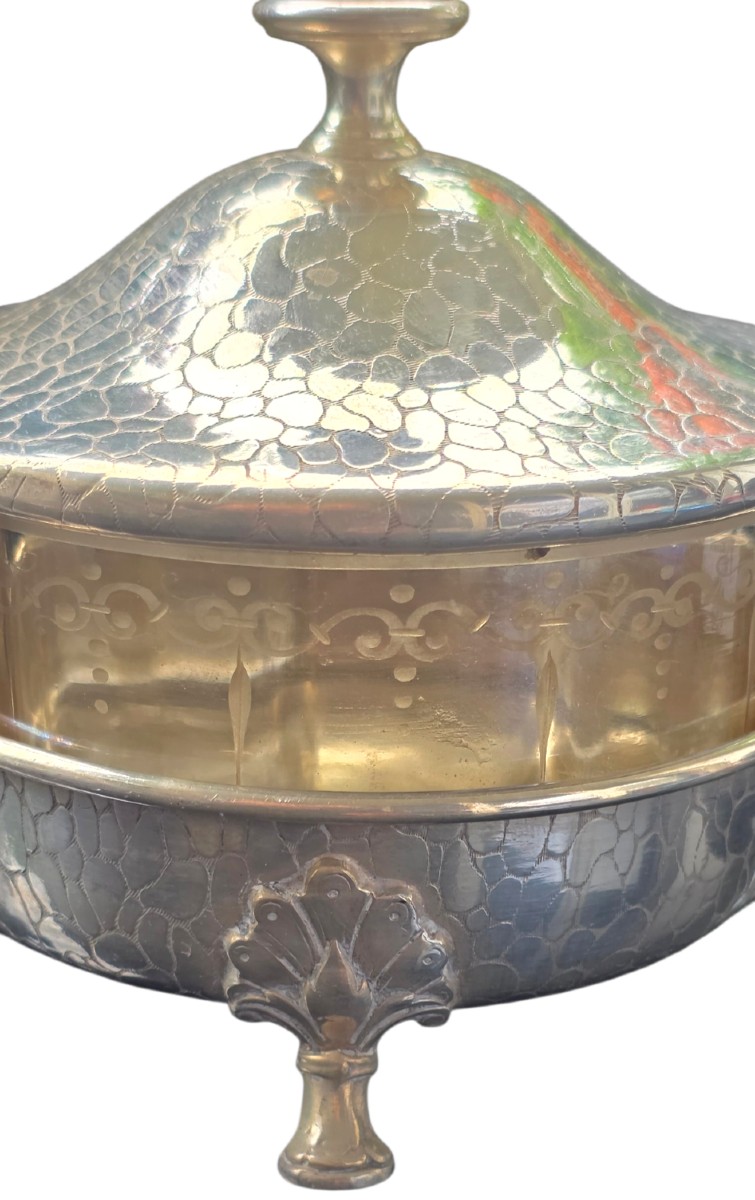 Wmf beurrier ancien en métal argenté et verre irisé circa 1930 -photo-4