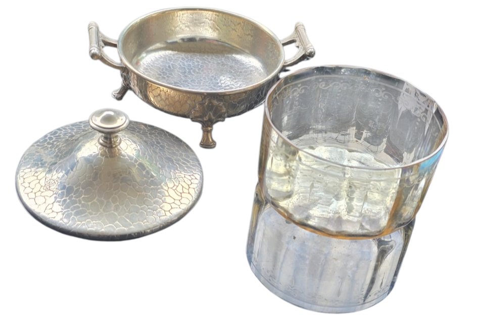 Wmf beurrier ancien en métal argenté et verre irisé circa 1930 -photo-3