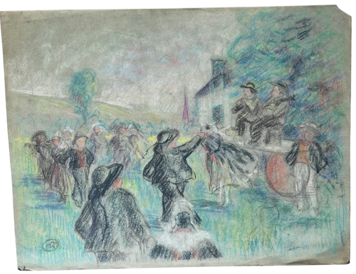 Mathurin Méheut gouache fete au village Bretonne Ancien Pastel dans le goût -photo-3