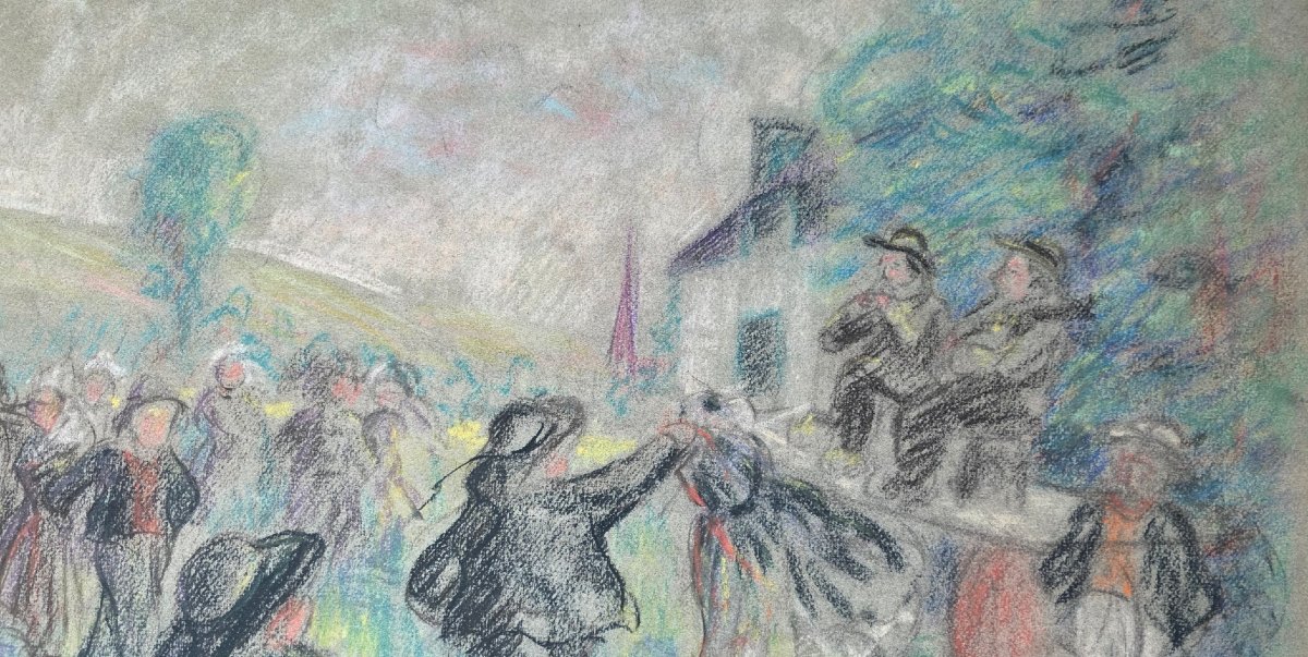 Mathurin Méheut gouache fete au village Bretonne Ancien Pastel dans le goût -photo-2