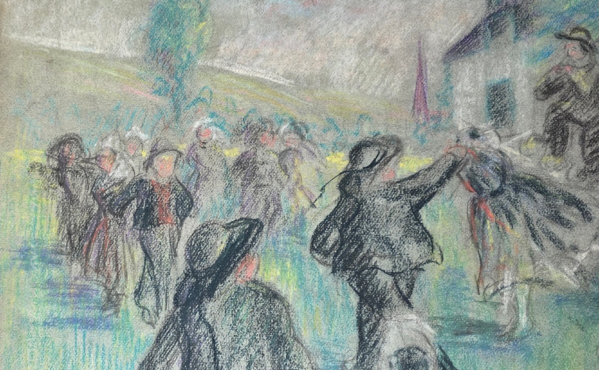 Mathurin Méheut gouache fete au village Bretonne Ancien Pastel dans le goût -photo-3