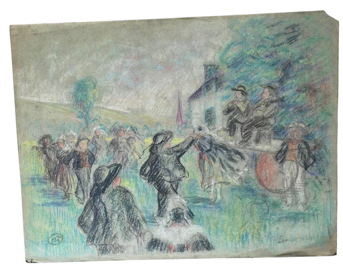 Mathurin Méheut gouache fete au village Bretonne Ancien Pastel dans le goût -photo-5