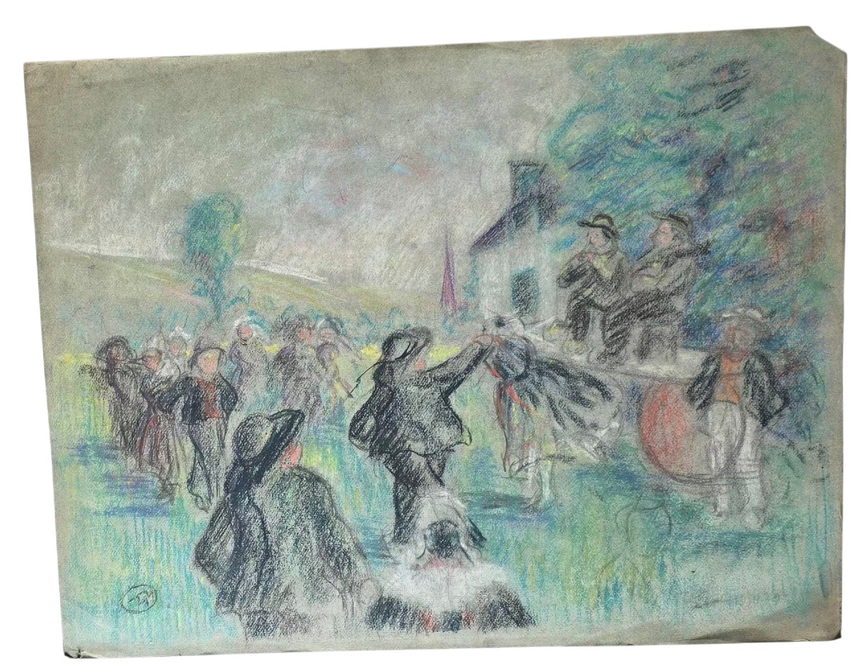 Mathurin Méheut gouache fete au village Bretonne Ancien Pastel dans le goût 