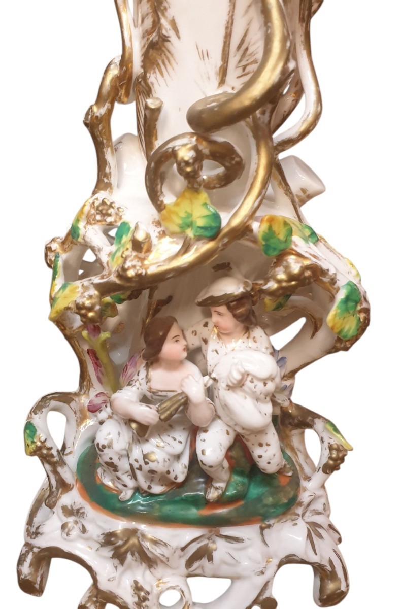 Paire de grand vases en porcelaine de Paris dorure et polychrome XIXeme -photo-2