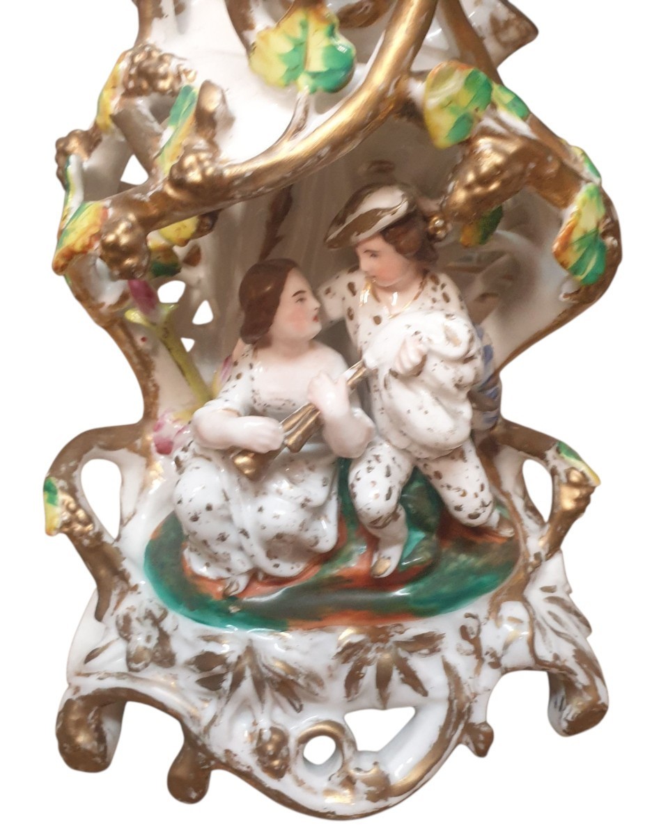 Paire de grand vases en porcelaine de Paris dorure et polychrome XIXeme -photo-3