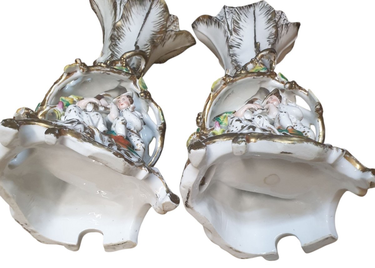 Paire de grand vases en porcelaine de Paris dorure et polychrome XIXeme -photo-6