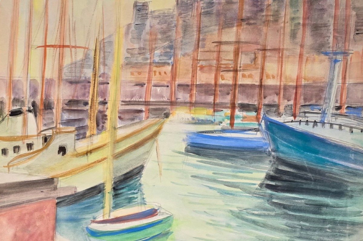 Aquarelle marine scène d'un port 52x64-photo-3