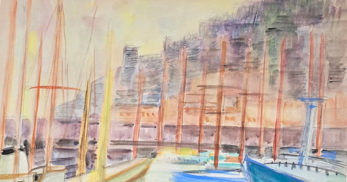 Aquarelle marine scène d'un port 52x64-photo-3
