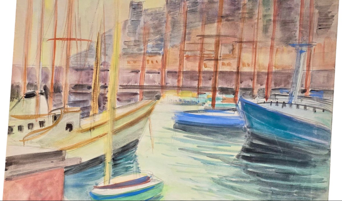 Aquarelle marine scène d'un port 52x64