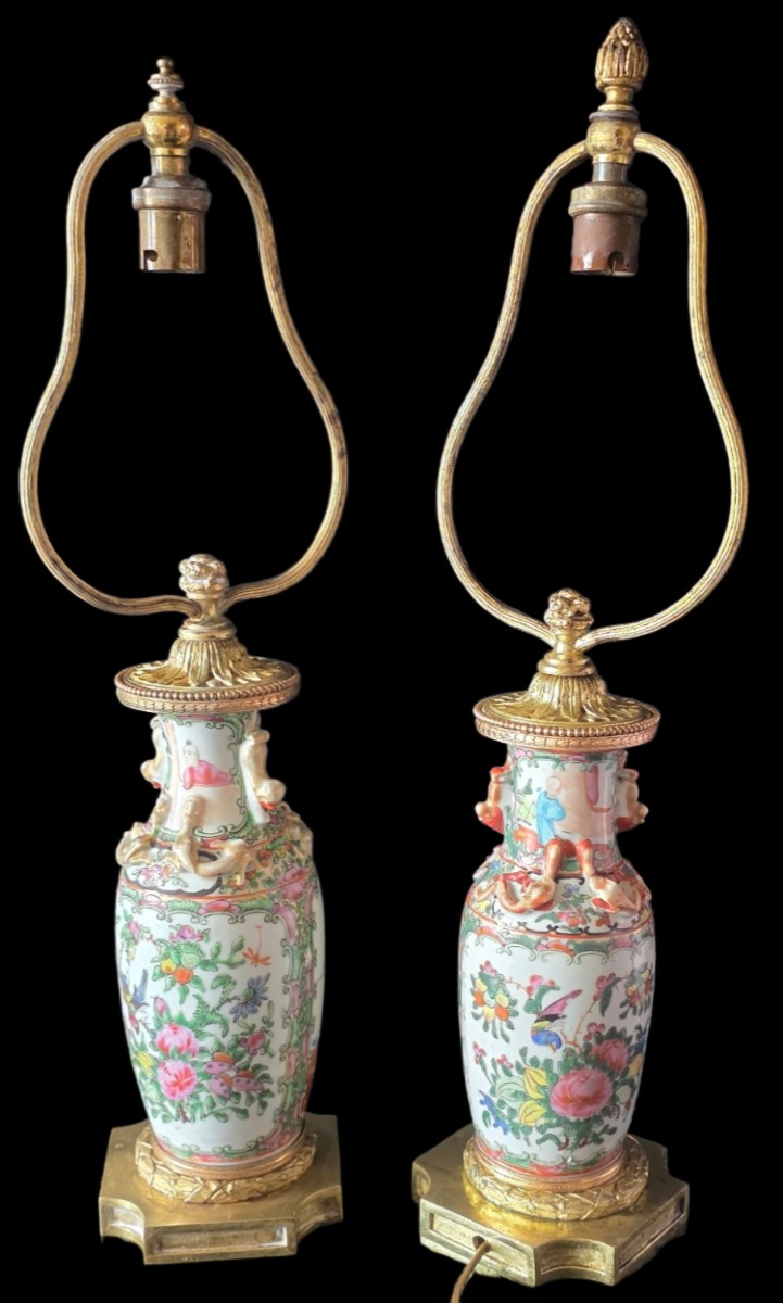 Paire de Vases porcelaine de canton famille rose monté en lampe XIXeme -photo-2