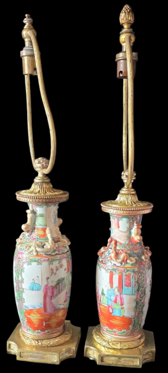 Paire de Vases porcelaine de canton famille rose monté en lampe XIXeme -photo-3