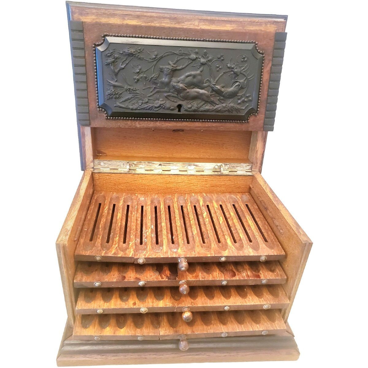 Carved Wood Cigar Box With 5 Shelves, Ebony Hunting Scene-photo-2