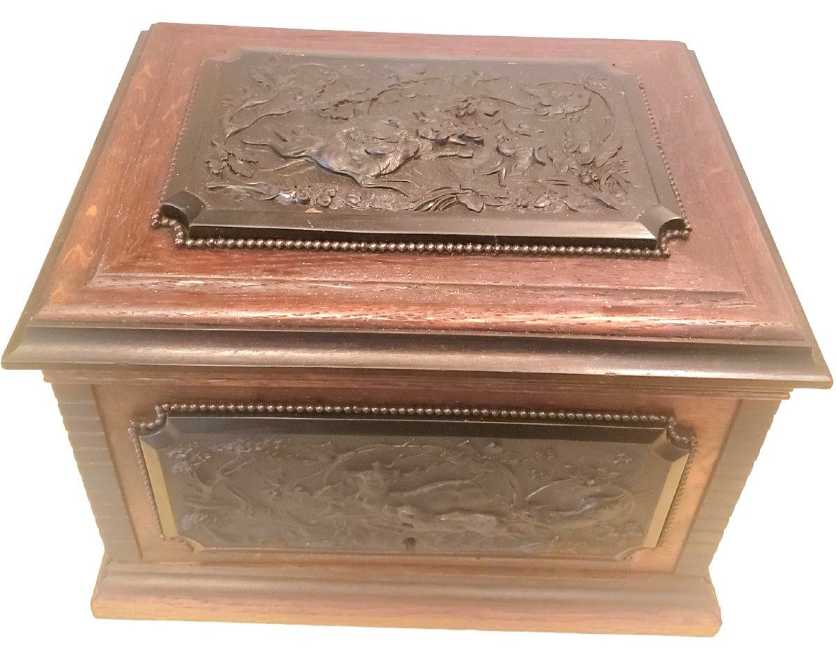 Carved Wood Cigar Box With 5 Shelves, Ebony Hunting Scene-photo-4