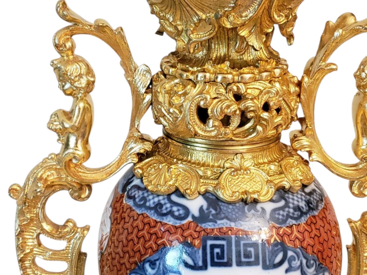 18eme Chine porcelaine carcel a modérateur porcelaine et bronze doré -photo-2