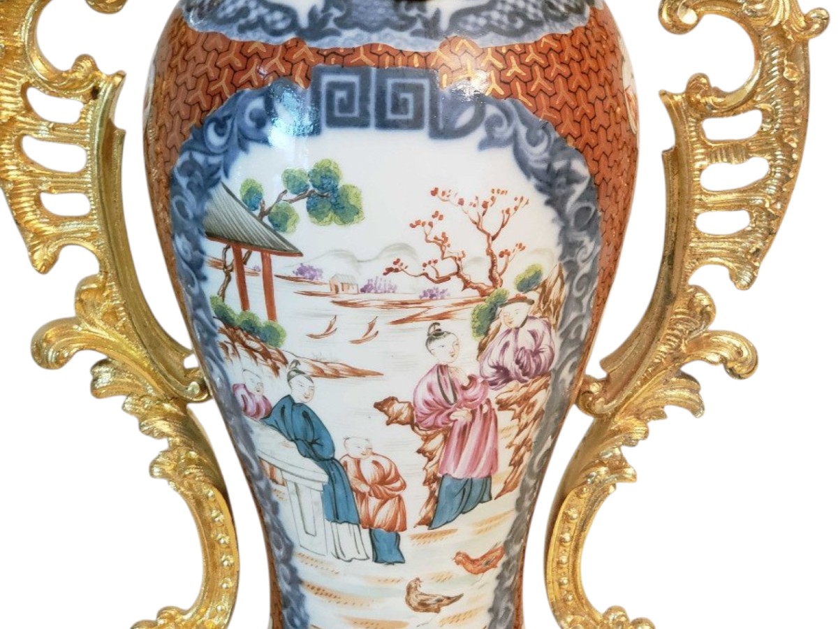 18eme Chine porcelaine carcel a modérateur porcelaine et bronze doré -photo-3
