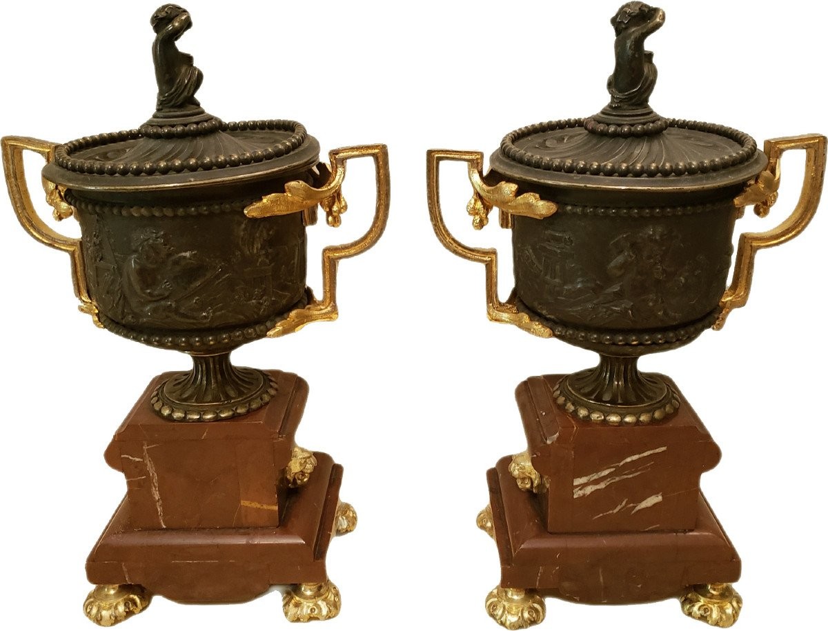 Paire de cassolettes bronze et marbre turquin XIXeme -photo-2