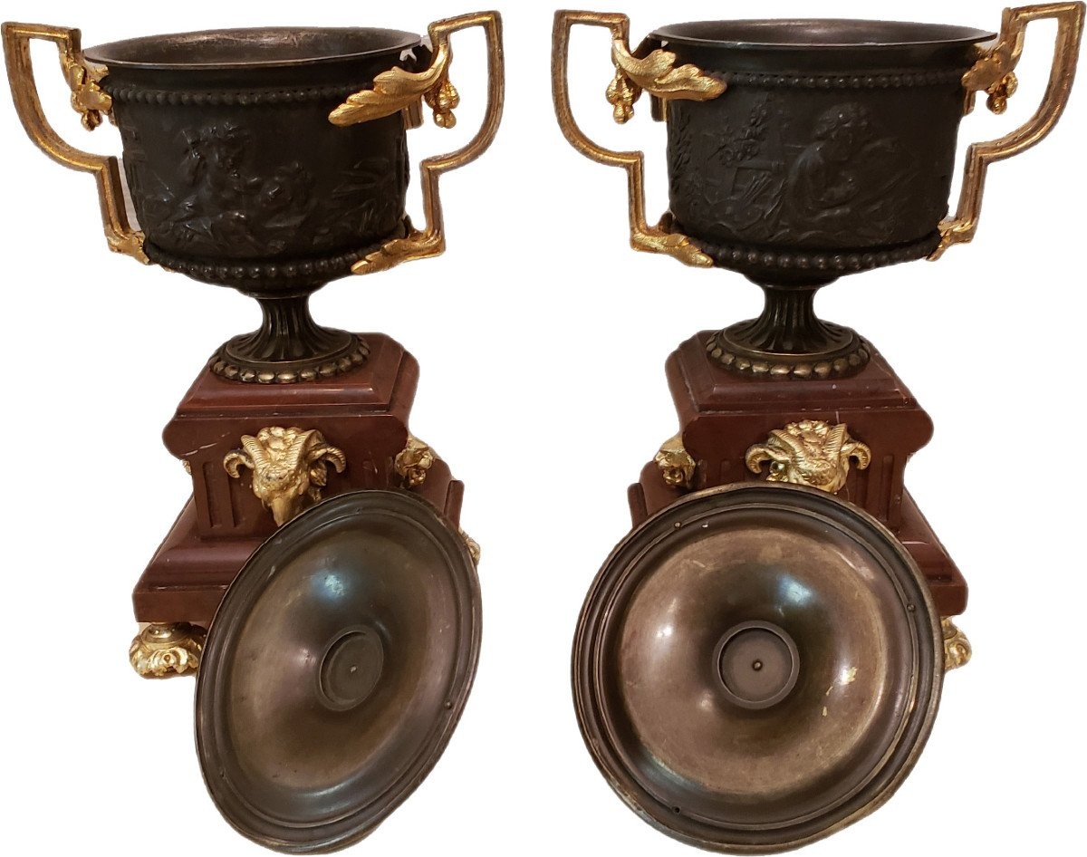 Paire de cassolettes bronze et marbre turquin XIXeme -photo-3
