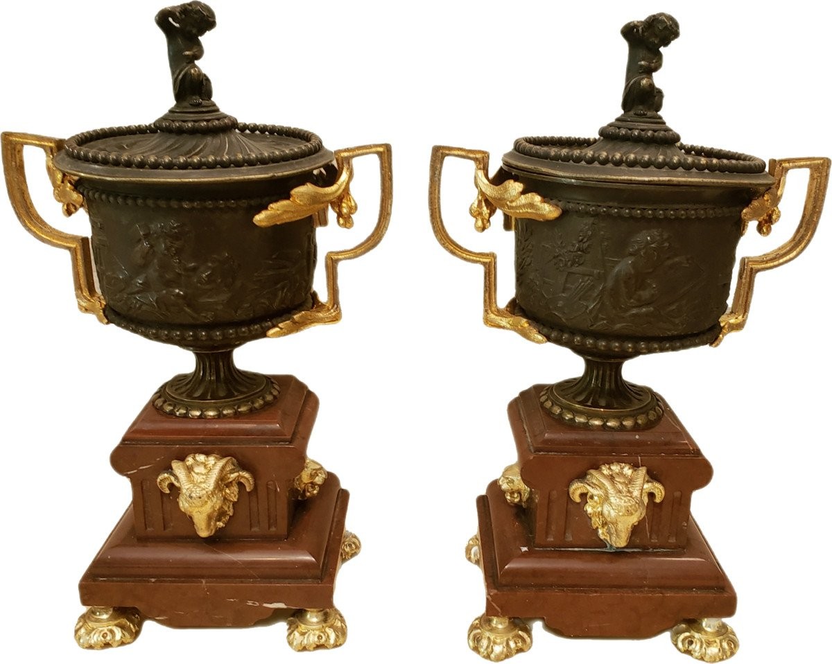 Paire de cassolettes bronze et marbre turquin XIXeme 