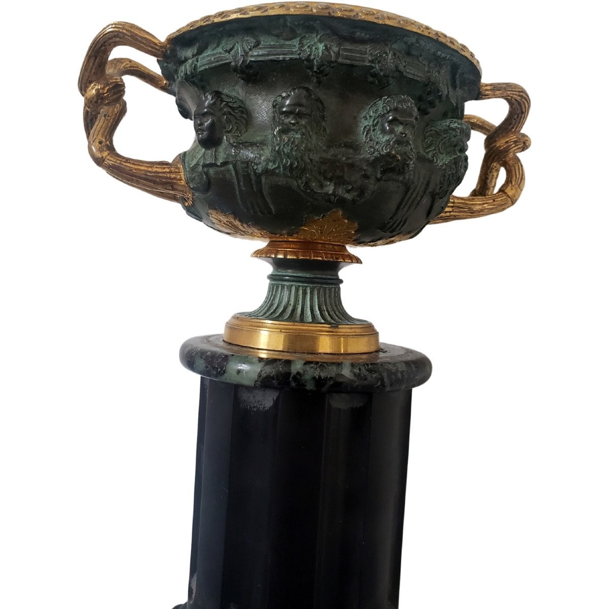 Vase Warwick Sur Piédestal Grand Tour Deux Patines Bronze Et Marbre XIXeme-photo-3