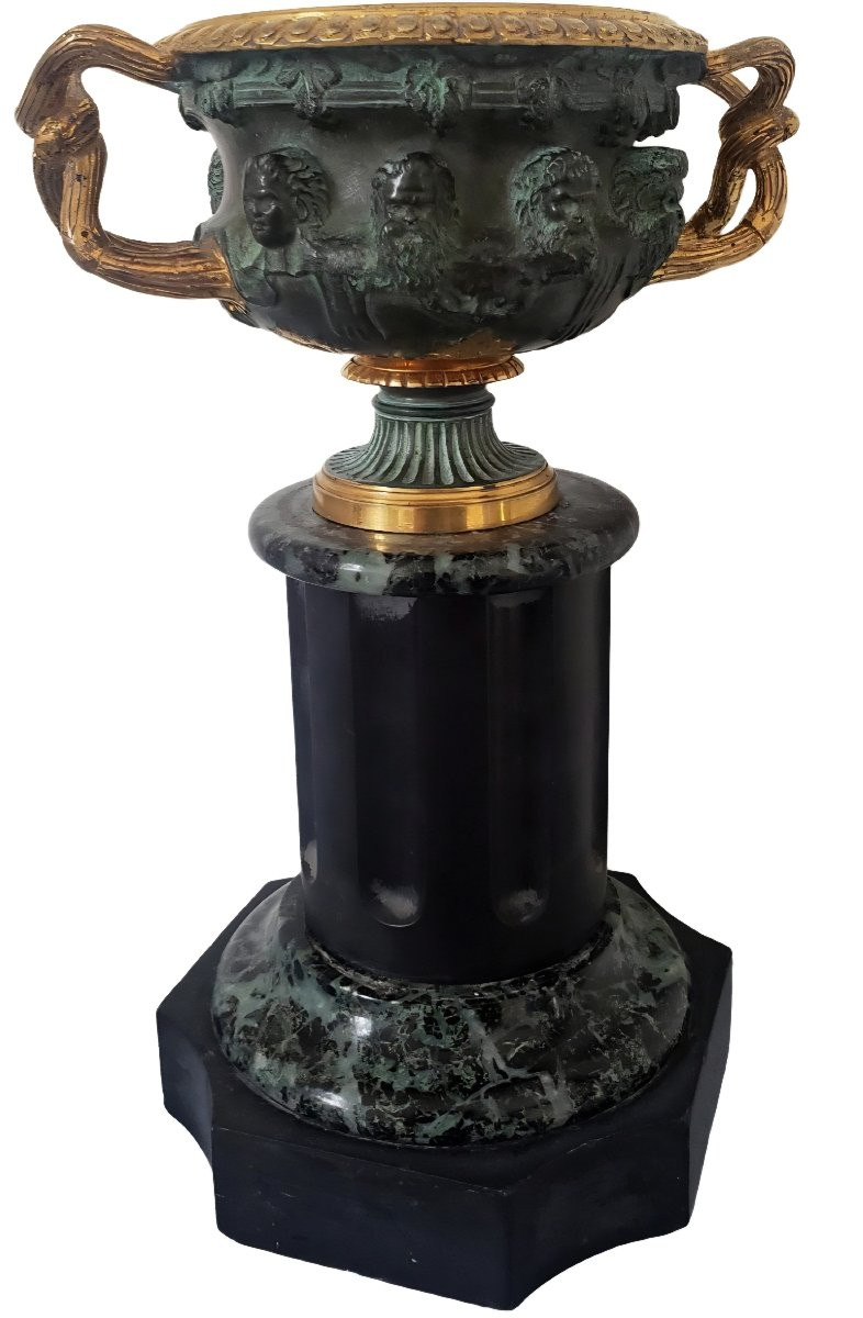 Vase Warwick Sur Piédestal Grand Tour Deux Patines Bronze Et Marbre XIXeme-photo-1