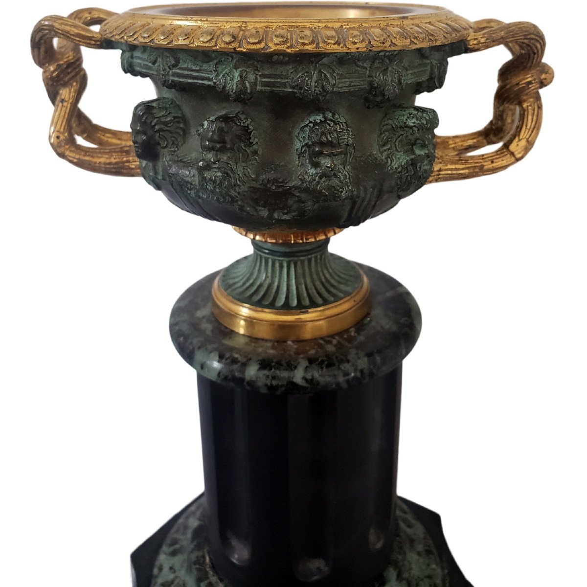 Vase Warwick Sur Piédestal Grand Tour Deux Patines Bronze Et Marbre XIXeme-photo-5
