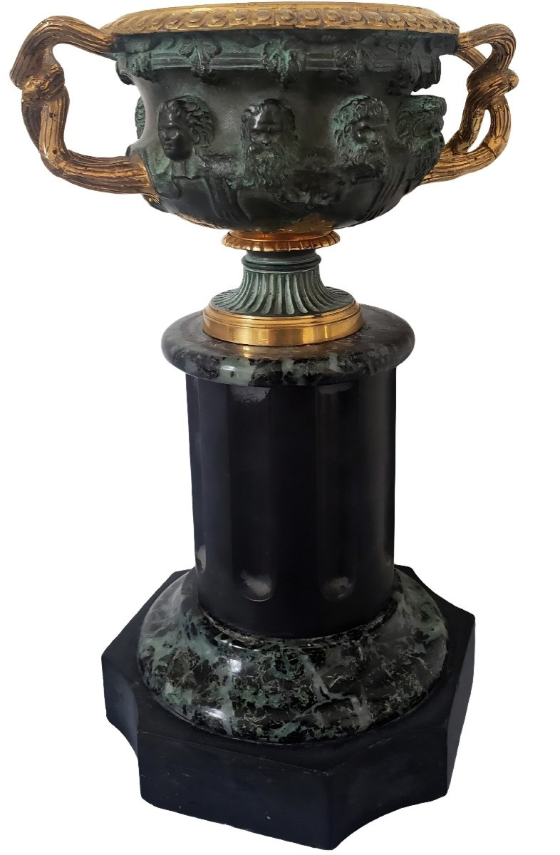 Vase Warwick Sur Piédestal Grand Tour Deux Patines Bronze Et Marbre XIXeme