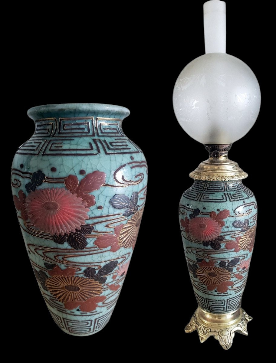 China Stoneware Celadon Lamp With Chinese Lacquer Decor 19th Century 78 Cm Height-photo-2