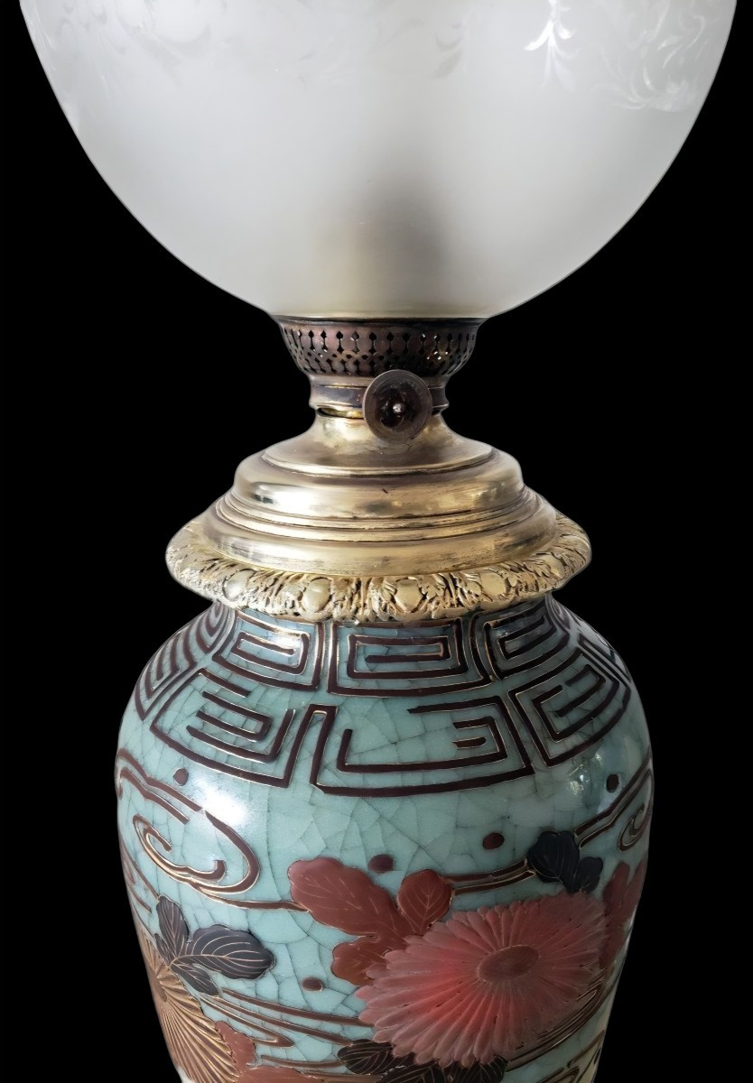 China Stoneware Celadon Lamp With Chinese Lacquer Decor 19th Century 78 Cm Height-photo-4