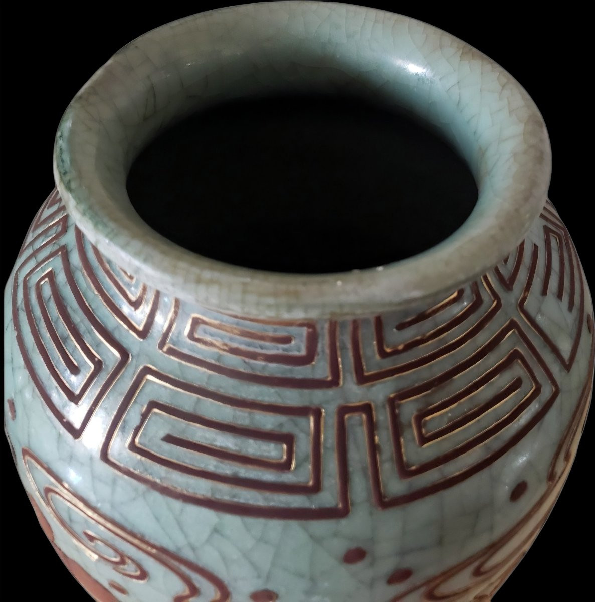 China Stoneware Celadon Lamp With Chinese Lacquer Decor 19th Century 78 Cm Height-photo-1