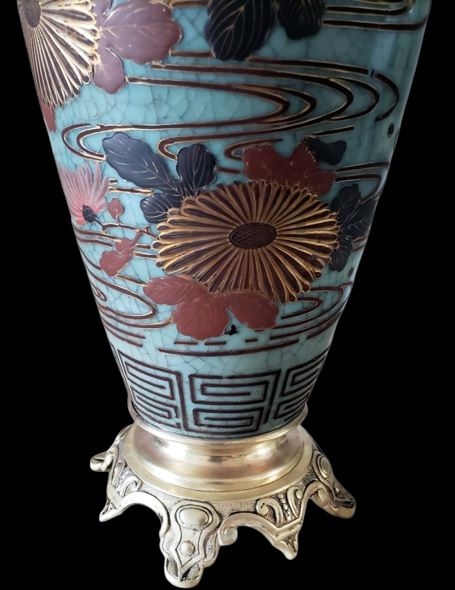 China Stoneware Celadon Lamp With Chinese Lacquer Decor 19th Century 78 Cm Height-photo-3