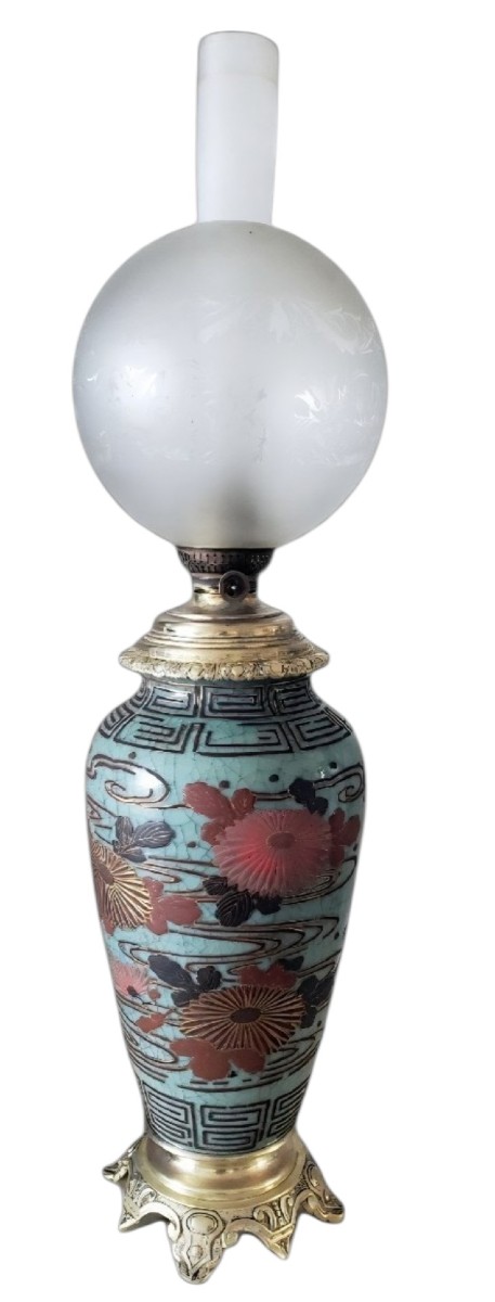 China Stoneware Celadon Lamp With Chinese Lacquer Decor 19th Century 78 Cm Height