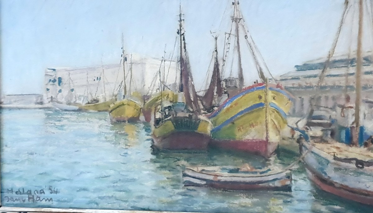 Gouache port de malaga marine espagne signé 