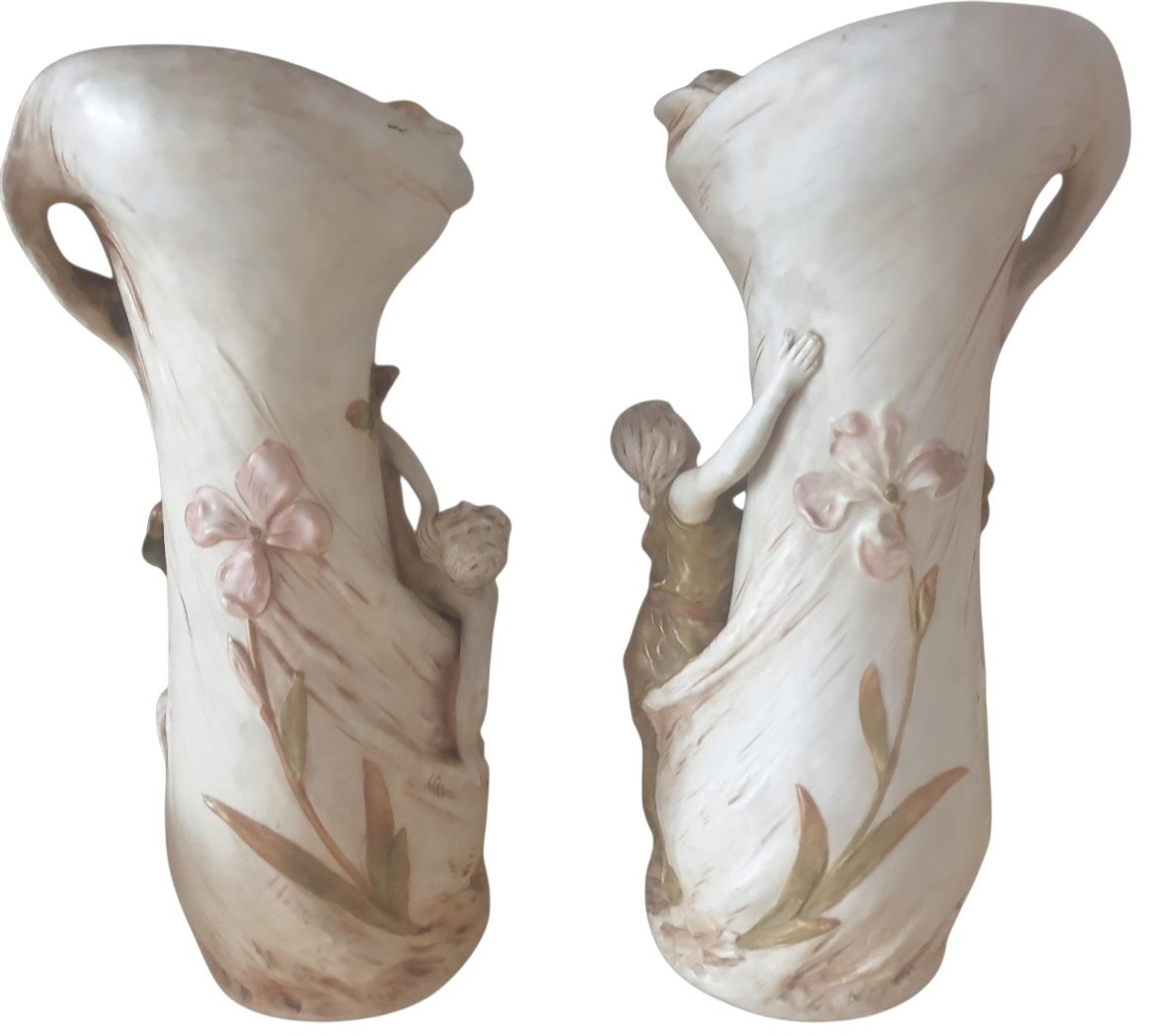 Royal Dux Pair Of Beige And Green Ceramic Vases 42 Cm High