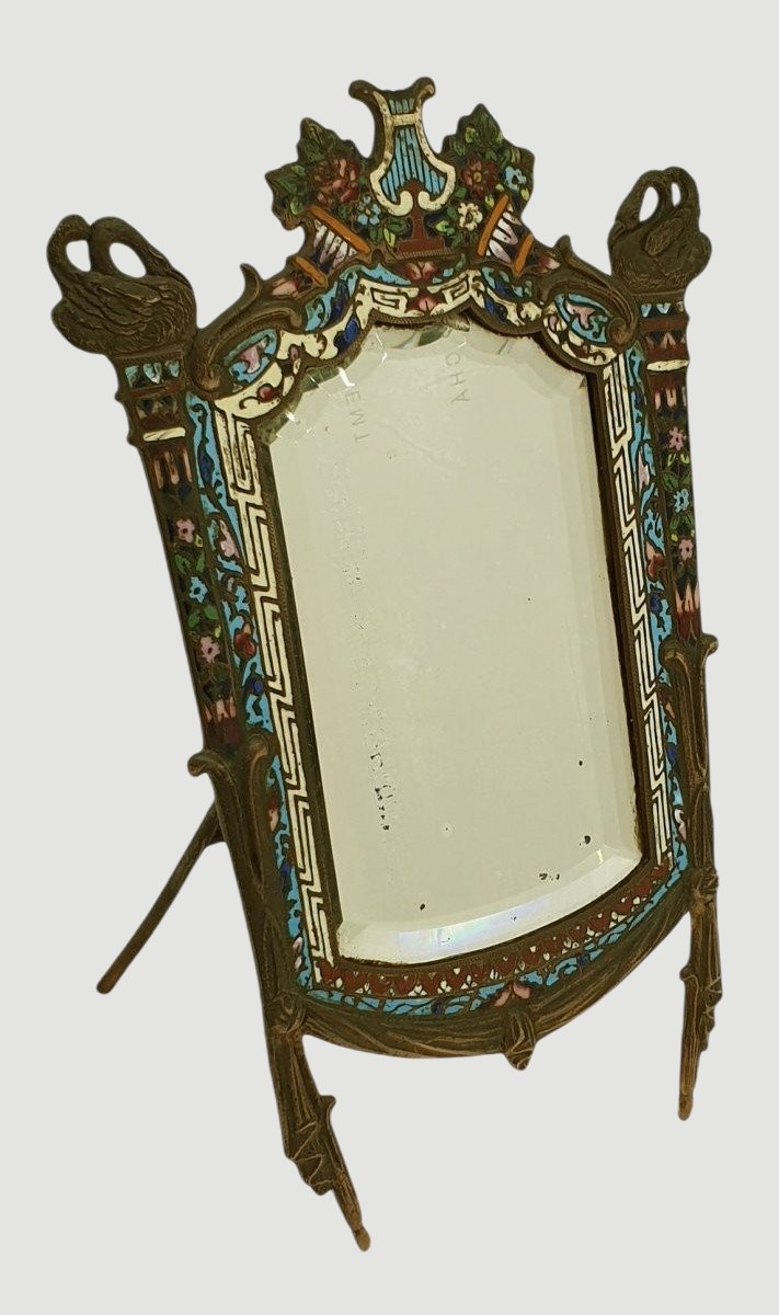 Barbediennes miroir à poser de toilette rocaille en bronze à décor cloisonné émaillé polychrome-photo-2